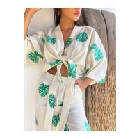 Kir Oversize Yeşil Desenli Kimono Keten Pantolon Takım