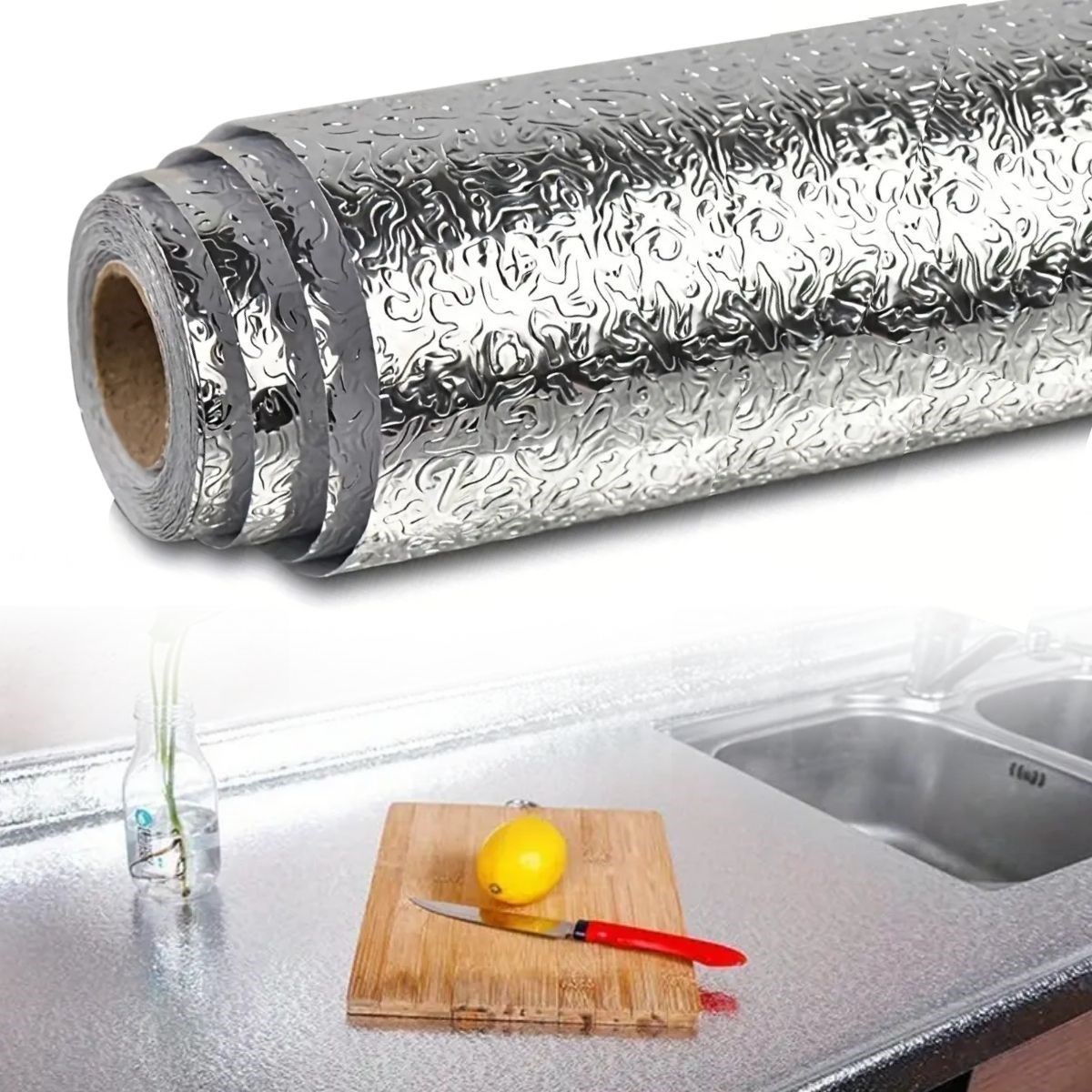 BUFFER® Rulo Gümüş Alüminyum Folyo Duvar Kağıdı, Kendinden Yapışkanlı Raf İçi, Su Geçirmez Folyo 2 mt x 60 cm